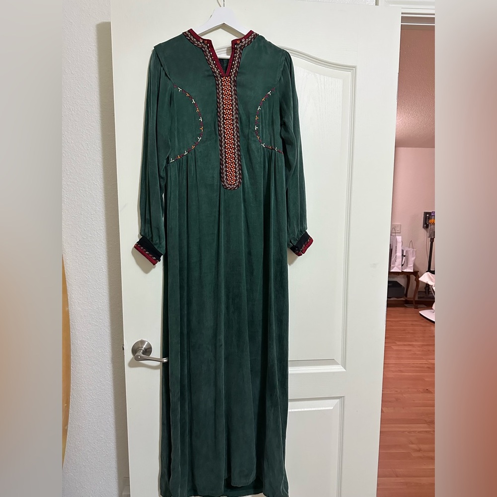Turkmen National green Maxi Dress with Red ornaments Accents
